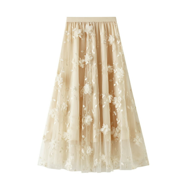 Details about   Womens Floral Lace Trim Skirts Midi Mesh Tulle A Line High Waist Pleated Casual